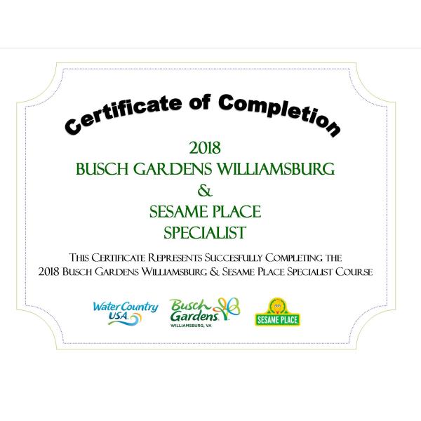 BuschGardensWilliamsburg SesamePlace Certificate 2018